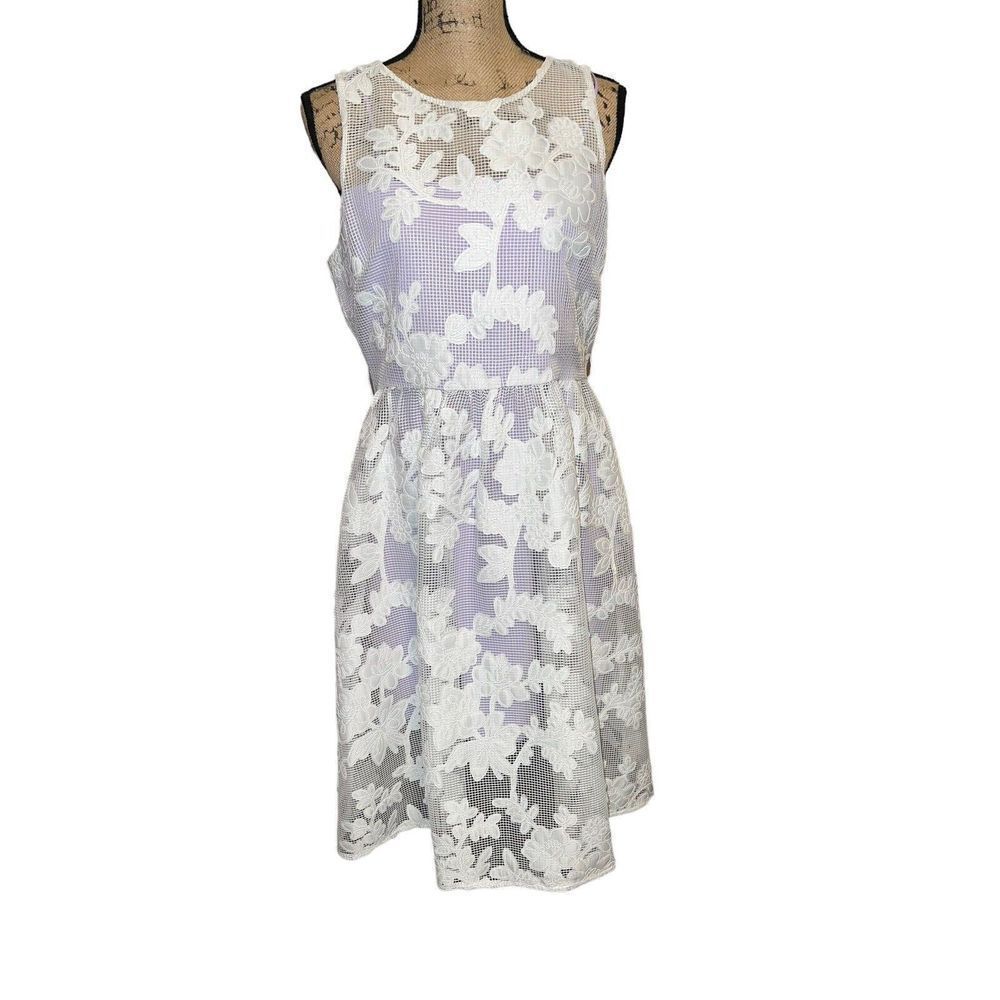 Badgley Mischka White Lace Overlay Lavender Midi Dress